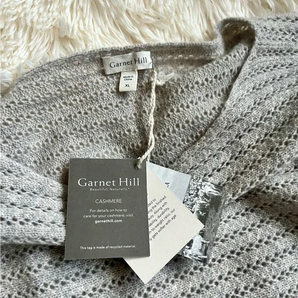 Garnet Hill Cashmere NWT Gray Sweater XL Pointelle Open Knit 3/4 Sleeves